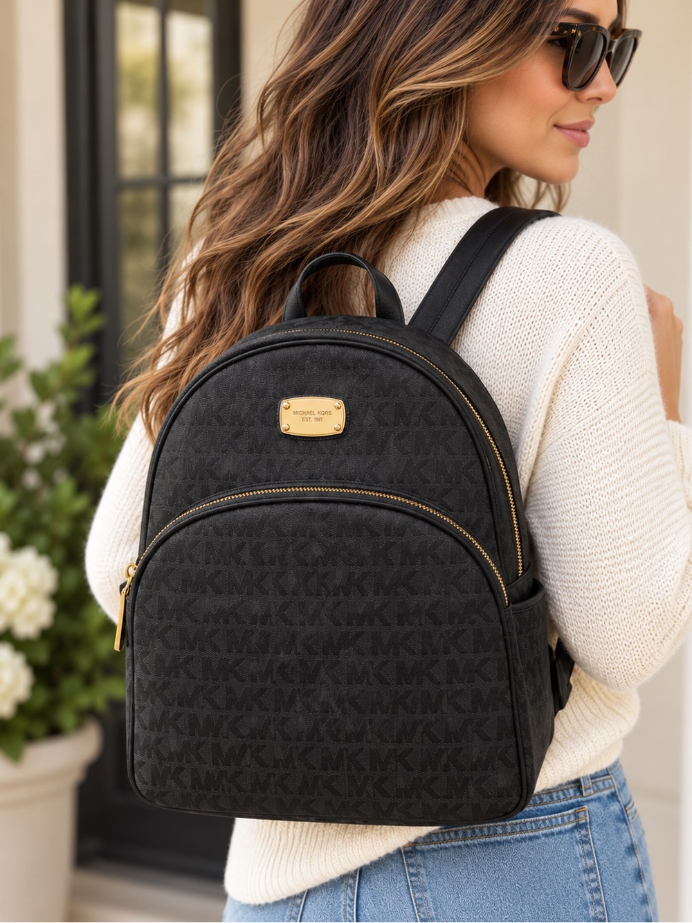 Michael Kors Black MK Logo Backpack with Gold Hardware